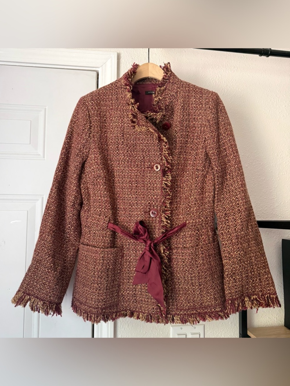 AUTRE TON vintage euro brown red tweed‎ fringe tie bow waist button up jacket